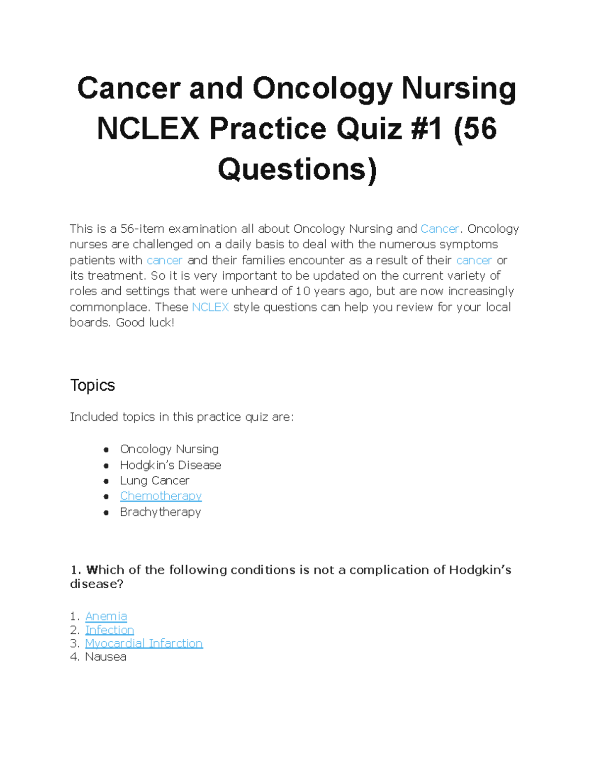 Cancer and Oncology Nursing Nclex Practice Quiz Cancer and Oncology