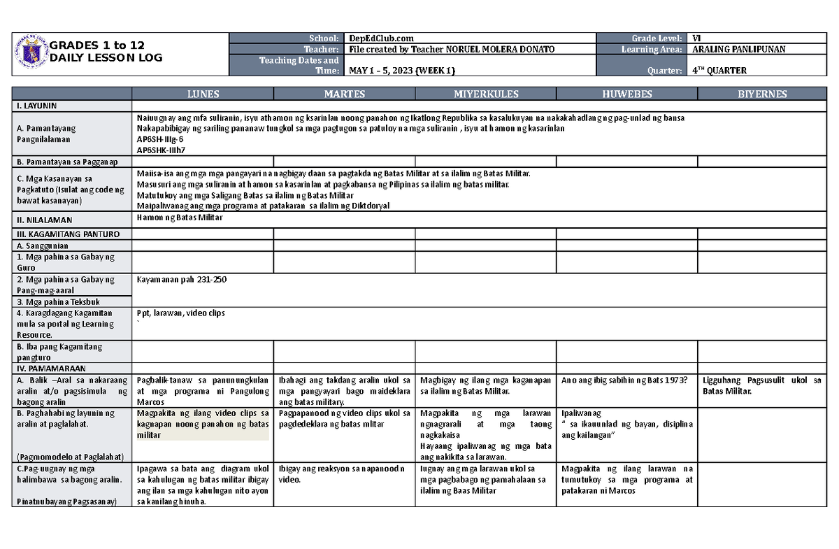 Dll Araling Panlipunan 6 Q4 W1 Grades 1 To 12 Daily Lesson Log School Depedclub Grade Level 7219