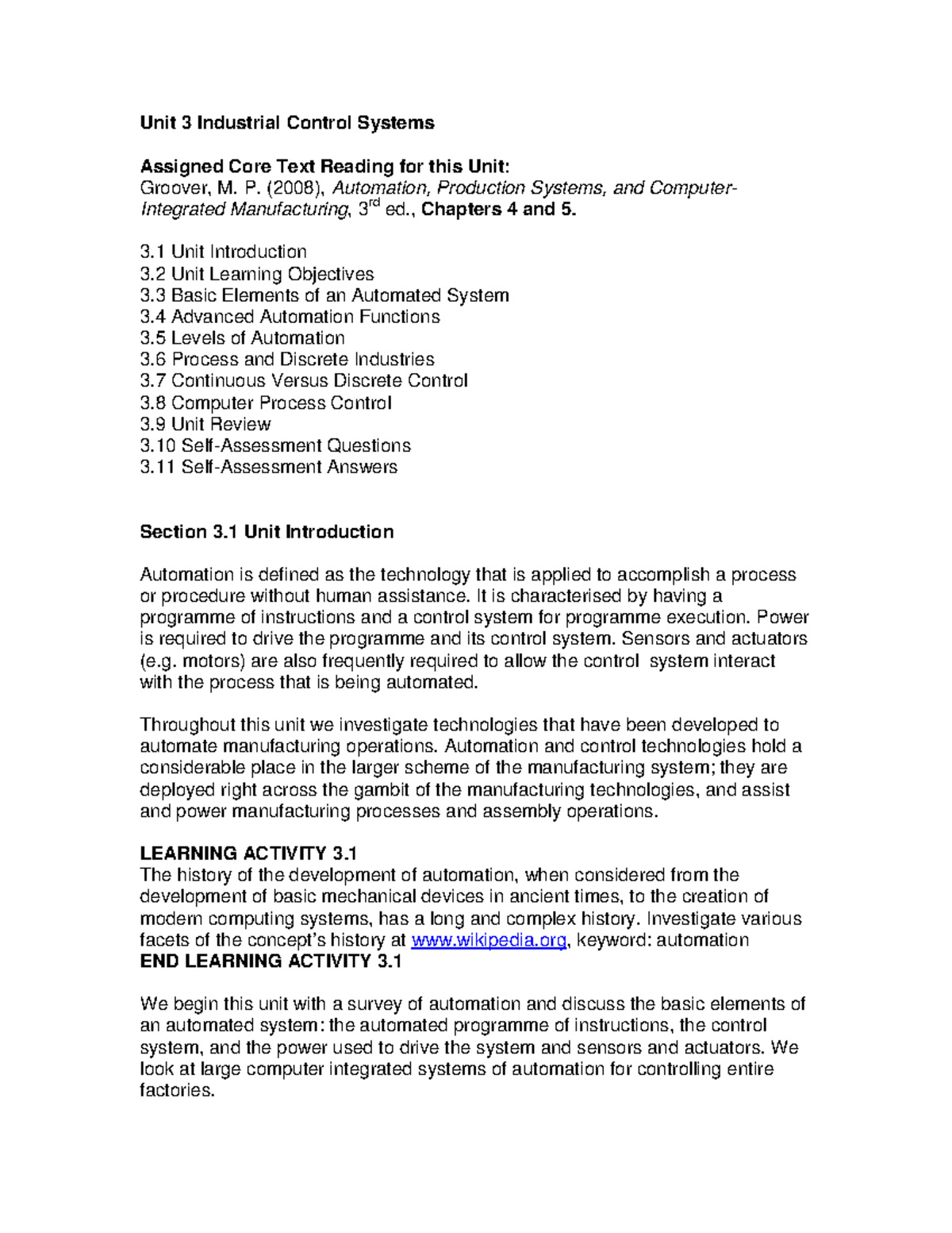 Unit 3 industrial control systems Unit 3 Industrial Control Systems