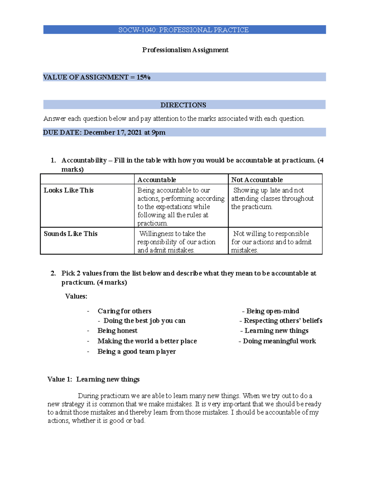 Professionalism Assignment - SOCW-1040: PROFESSIONAL PRACTICE ...