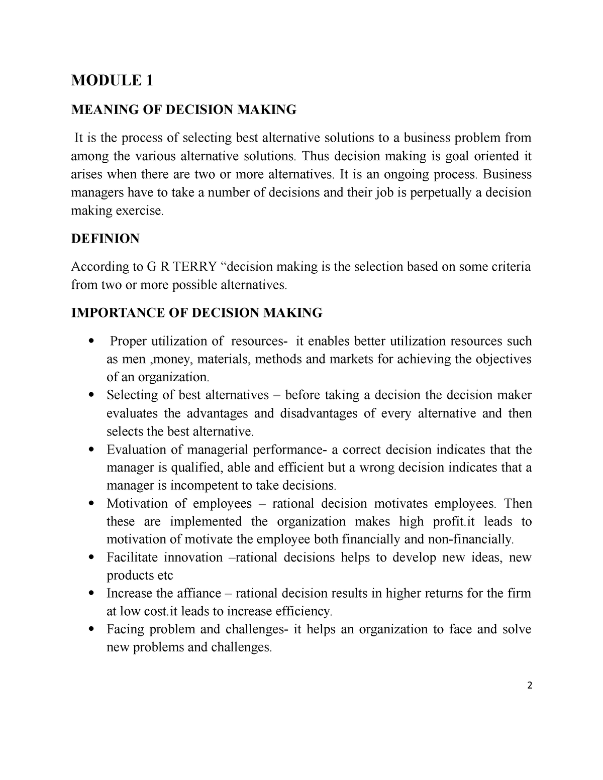 Module 1 And 2 PBD - PBD - MODULE 1 MEANING OF DECISION MAKING It Is ...