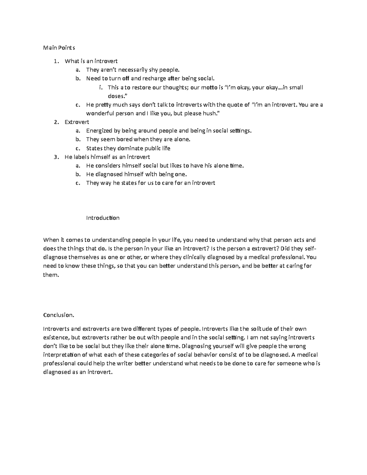 Paper Outline - assignment - Main Points What is an introvert a. They ...