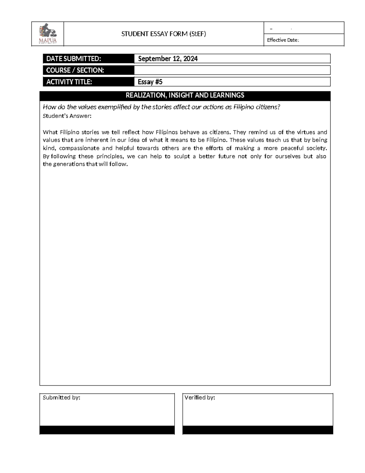 Nstp essay 5 - Good Feedback - STUDENT ESSAY FORM (StEF) Effective Date ...