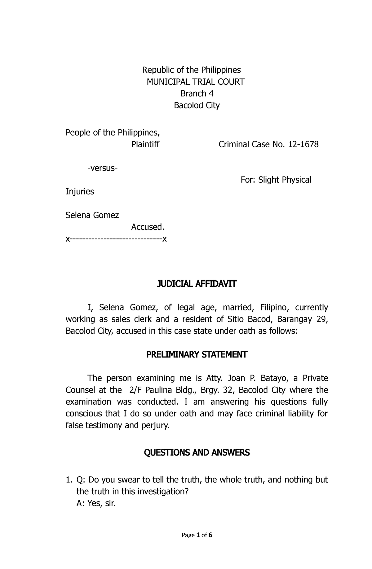 Batayo, Joan - Judicial Affidavit - Republic of the Philippines ...