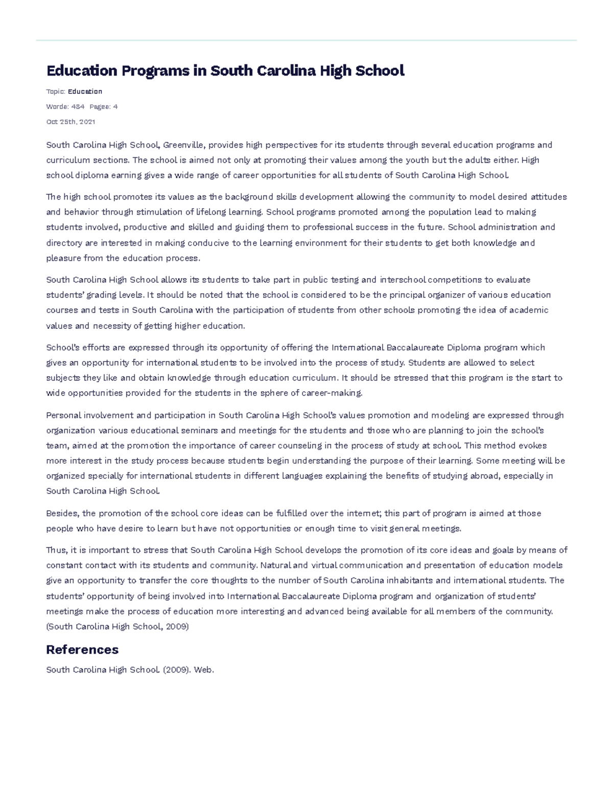 Education Programs in South Carolina High School Free Essay Example