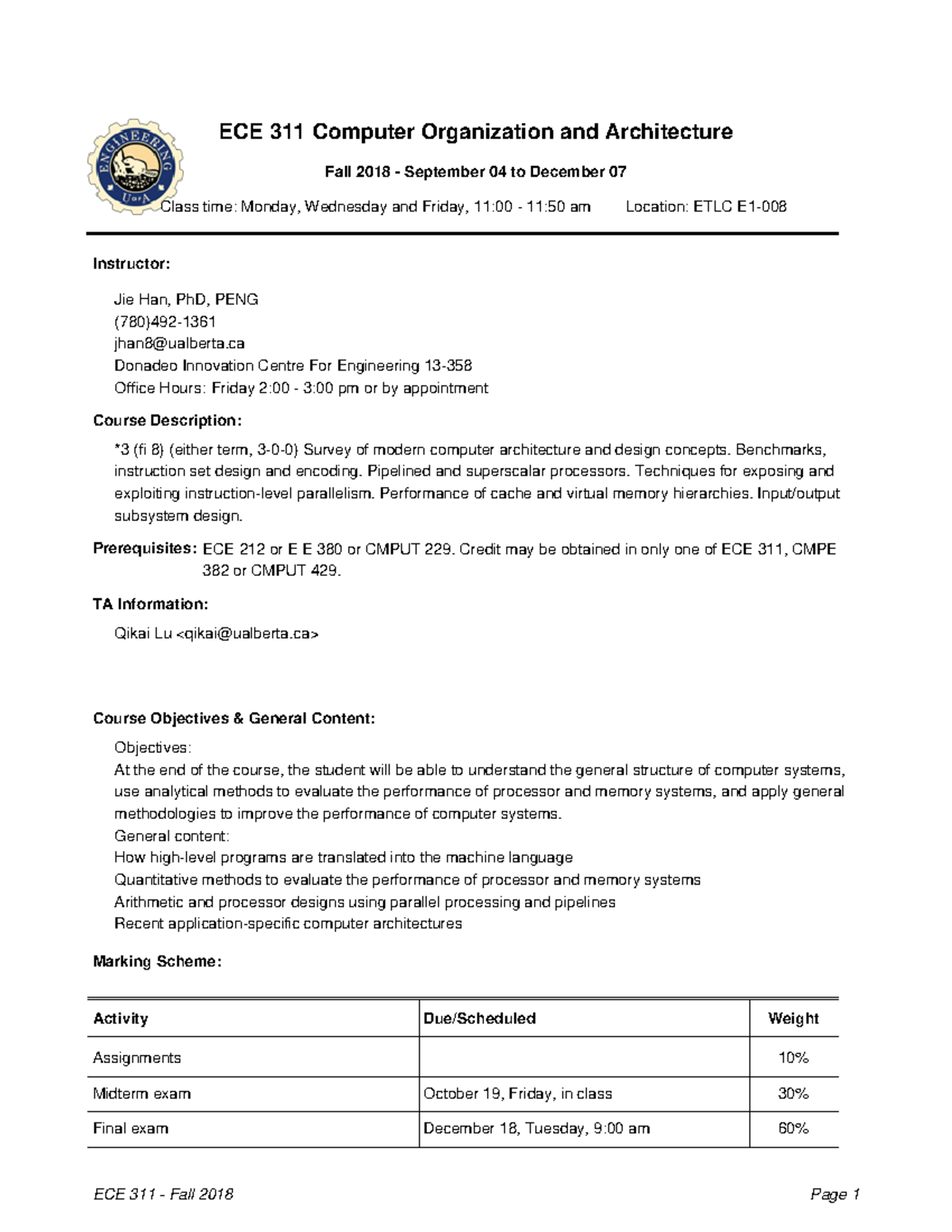 ECE311A2 Syllabus - ECE 311 Computer Organization and Architecture Fall ...