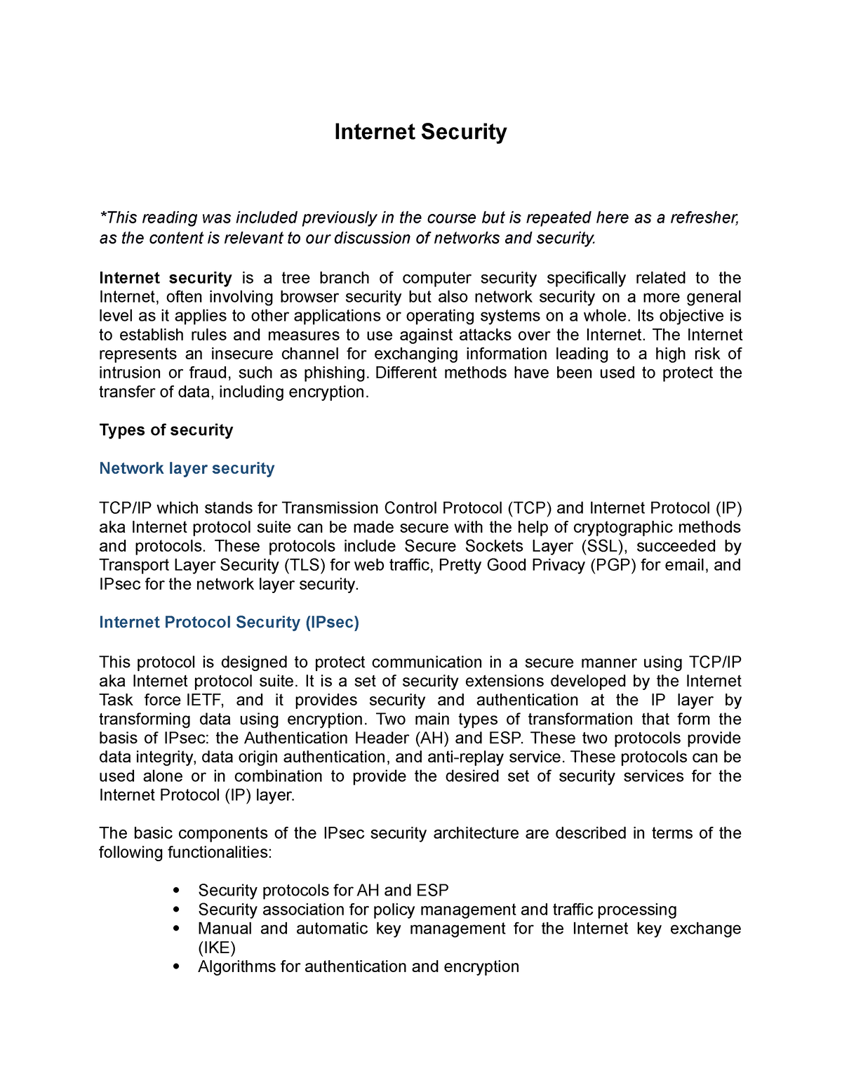 Internet Security - Internet Security *This reading was included ...