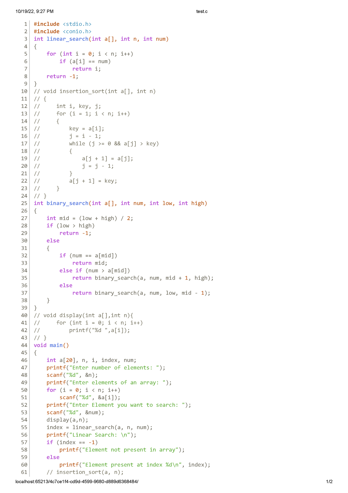 Aktu Daa Practical Binary Search And Linear Search Program - 10 19 22 