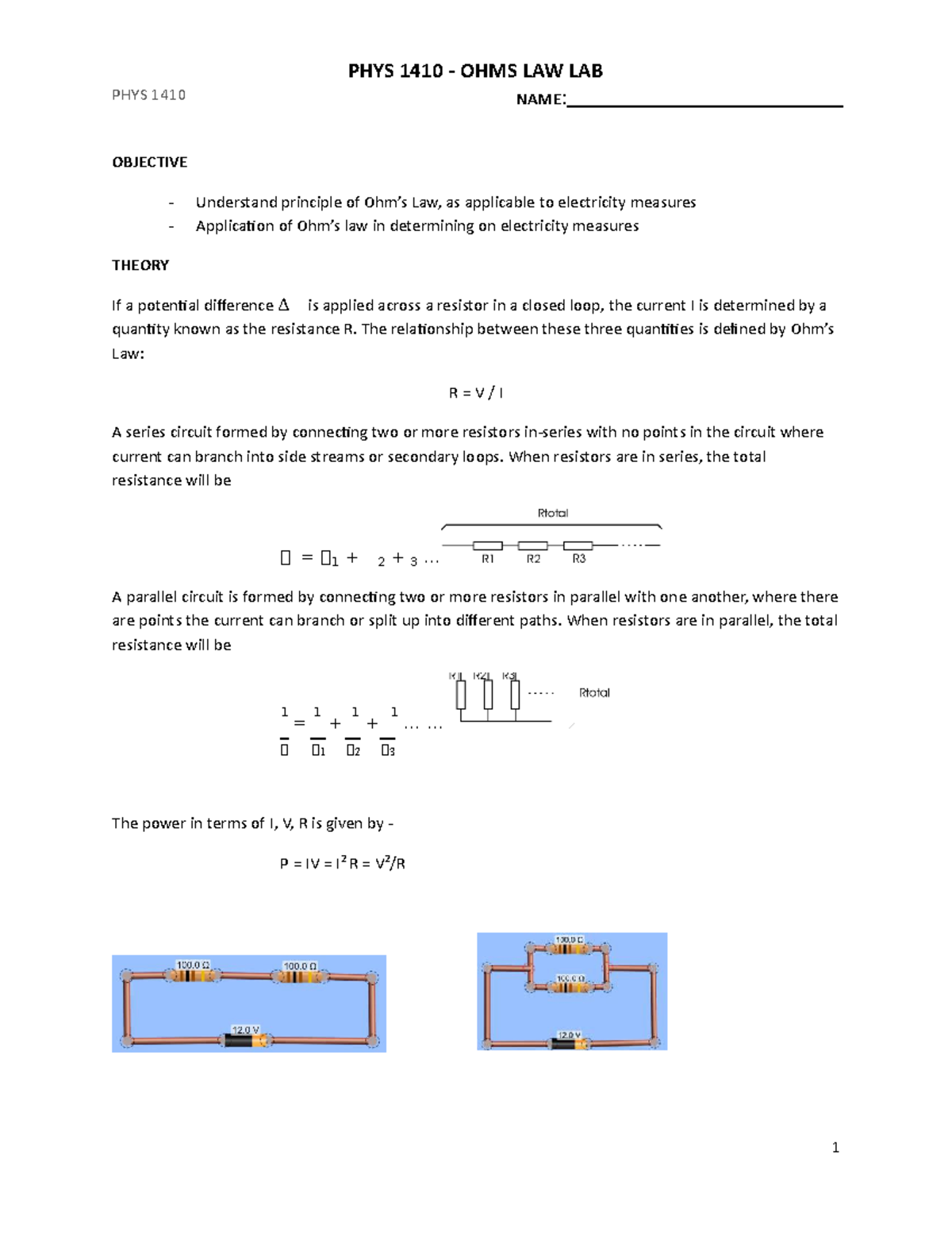 Lab 11-Phys 1410 Ohms Law Lab - OBJECTIVE Understand Principle Of Ohm’s ...