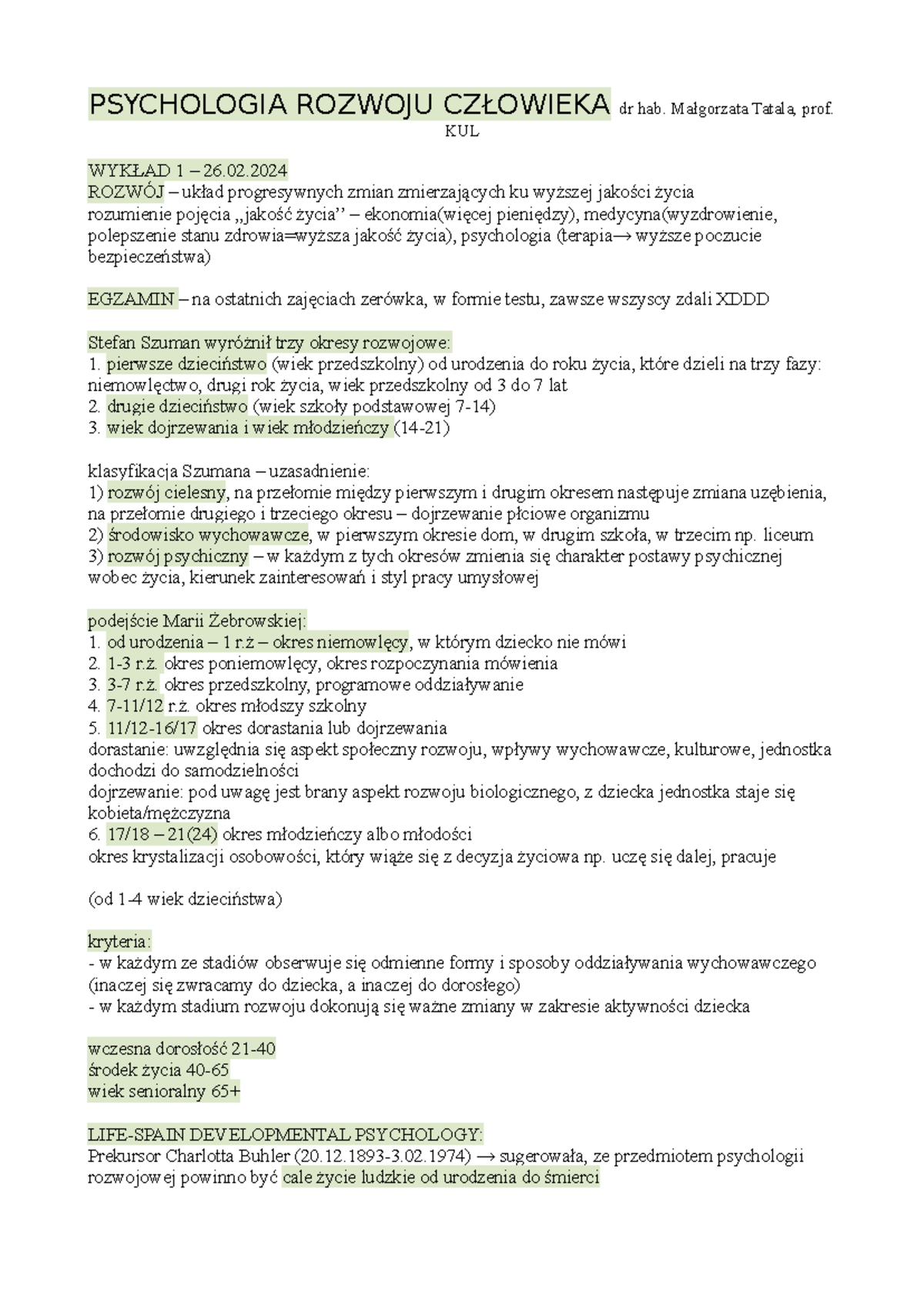Psychologia rozwoju człowieka - PSYCHOLOGIA ROZWOJU CZŁOWIEKA dr hab