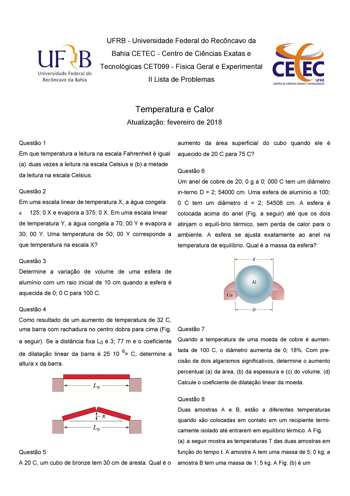 Física Geral II- Lista De Exercícios - Temperatura E Calor - StuDocu