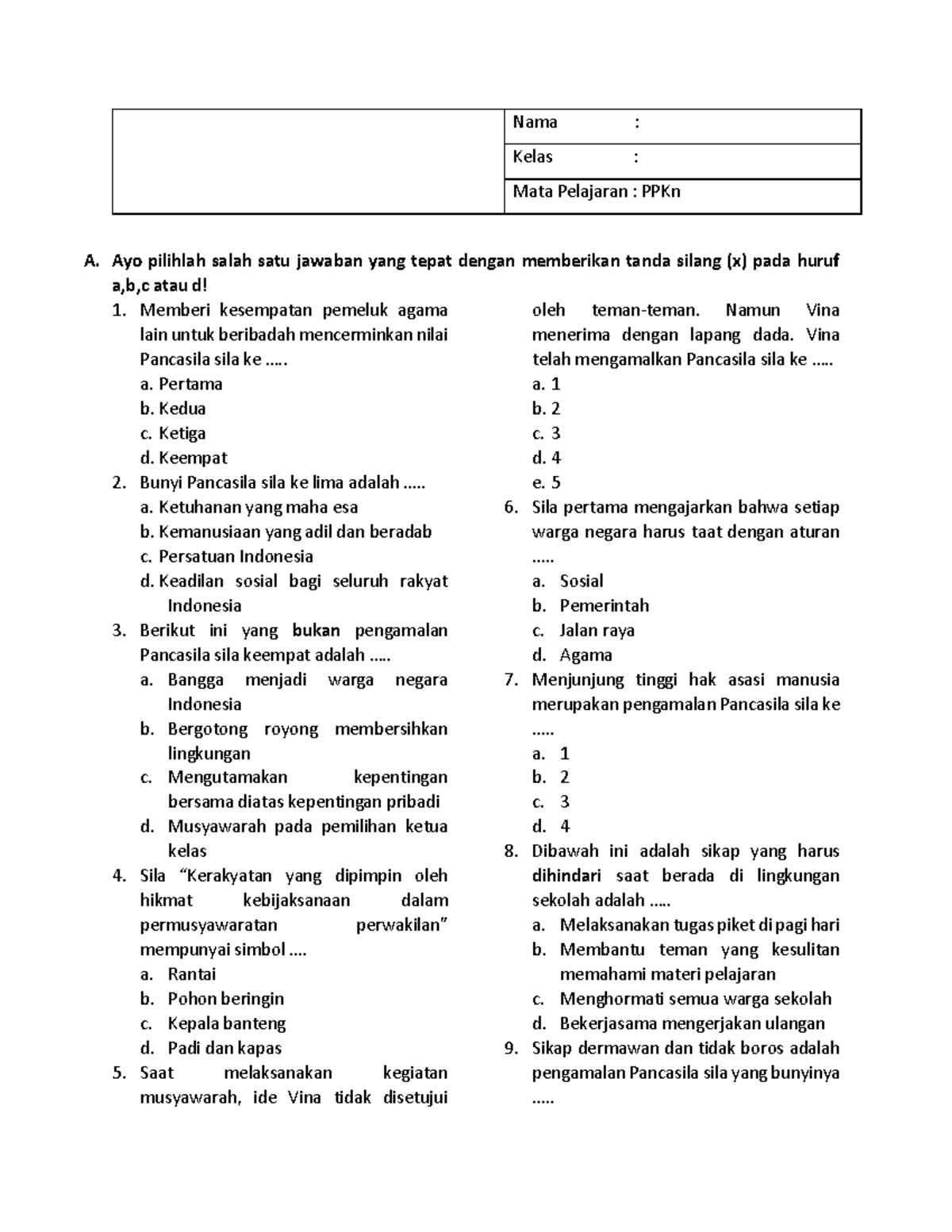 UAS 1 PPKn Kelas 4 - SOAL - A. Ayo Pilihlah Salah Satu Jawaban Yang ...