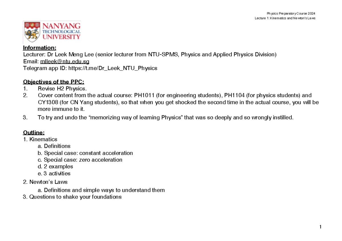 PPC Lecture 1 - Lecture 1: Kinematics and Newton’s Laws Information ...