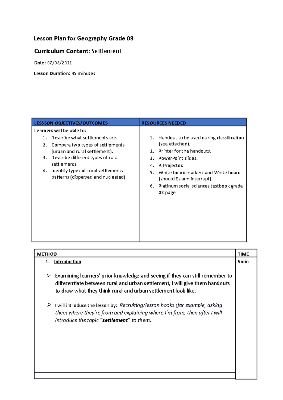 Final lesson plan - Lesson Plan for Geography Grade 08 Curriculum ...