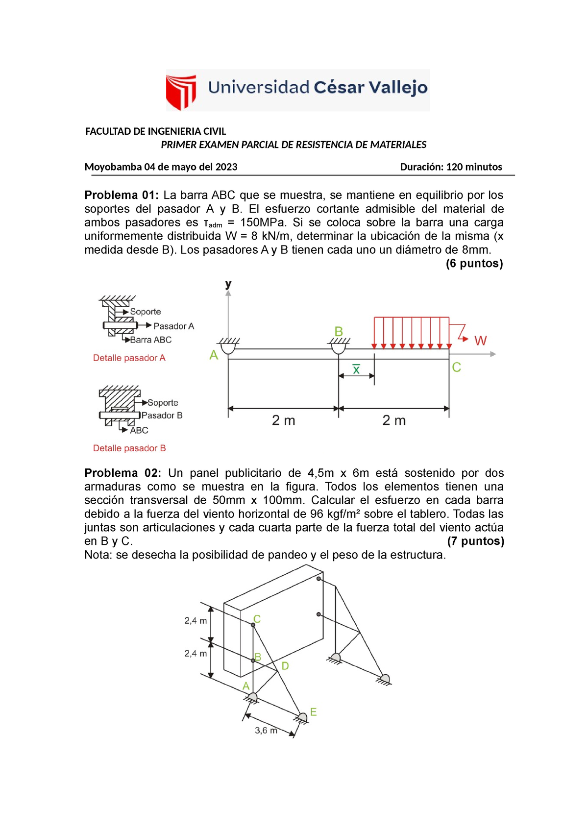 Primer Examen Parcial De Resistencia De Materiales Facultad De Ingenieria Civil Primer Examen 