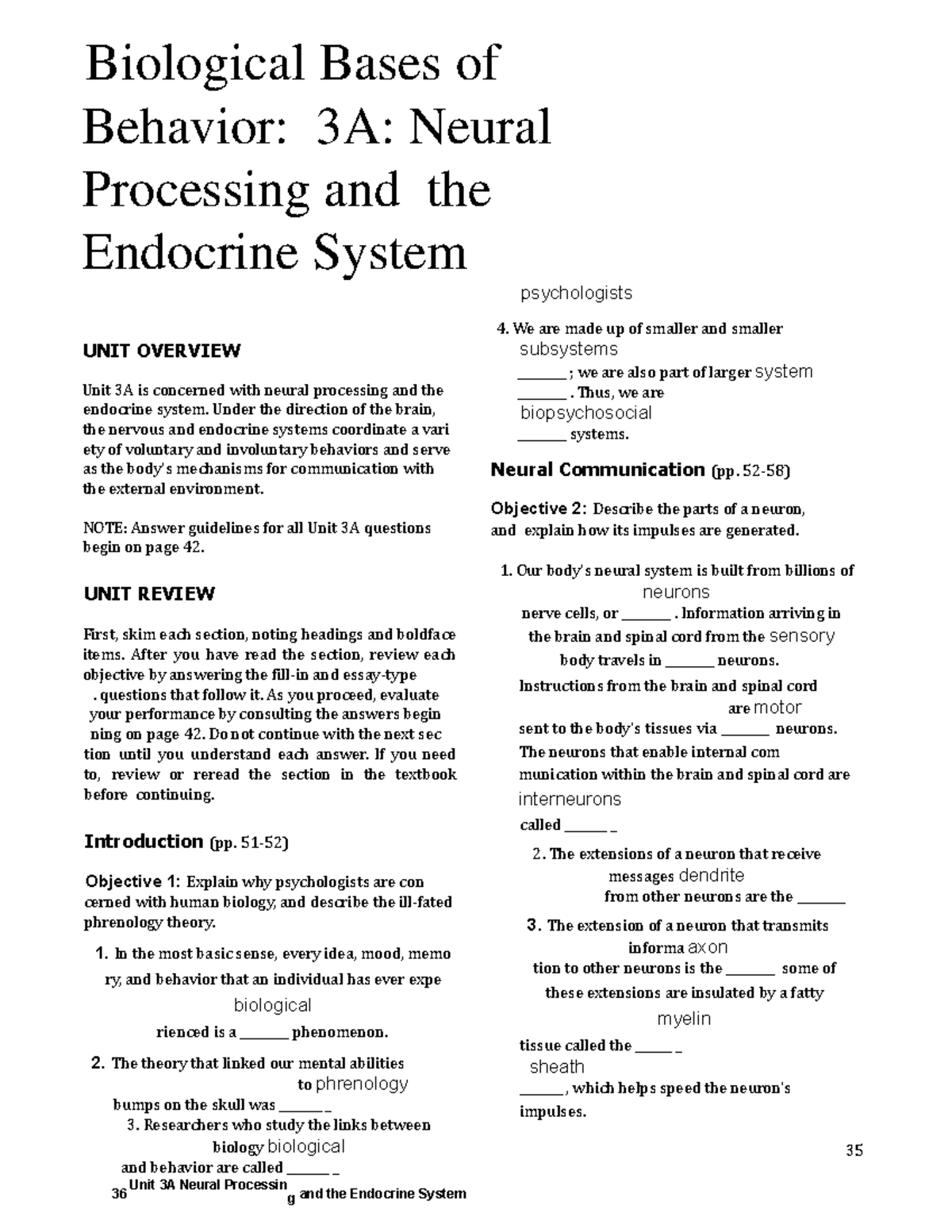 3A Review - Biological Bases of Behavior: 3A: Neural Processing and the ...