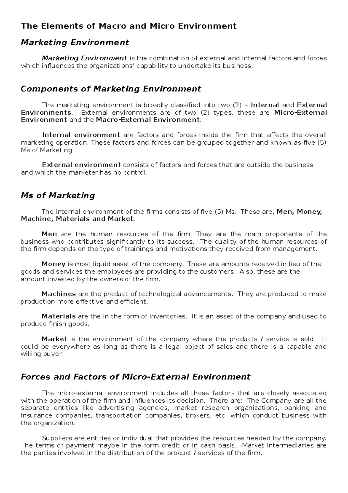 The Elements of Macro and Micro Environment The Elements of Macro and
