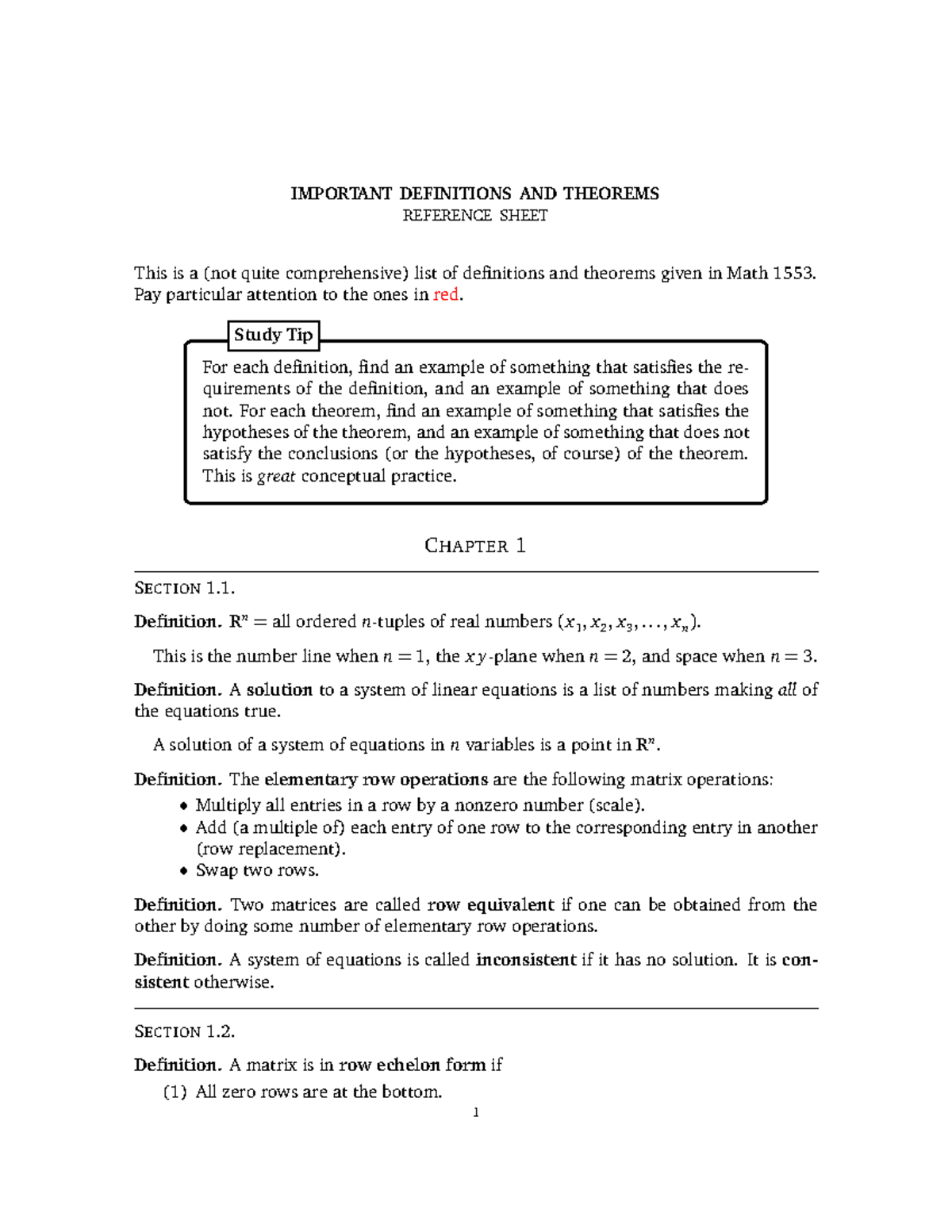 1553 Reference Guide - IMPORTANT DEFINITIONS AND THEOREMS REFERENCE ...