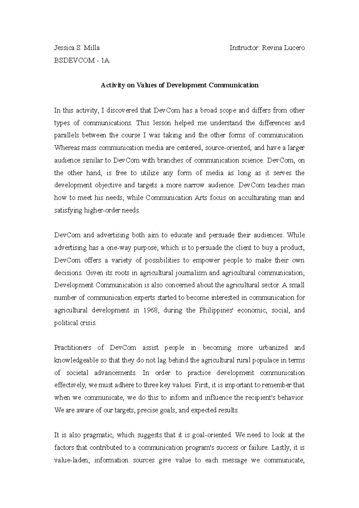 Activity on Values of Development Communication - Jessica Milla ...