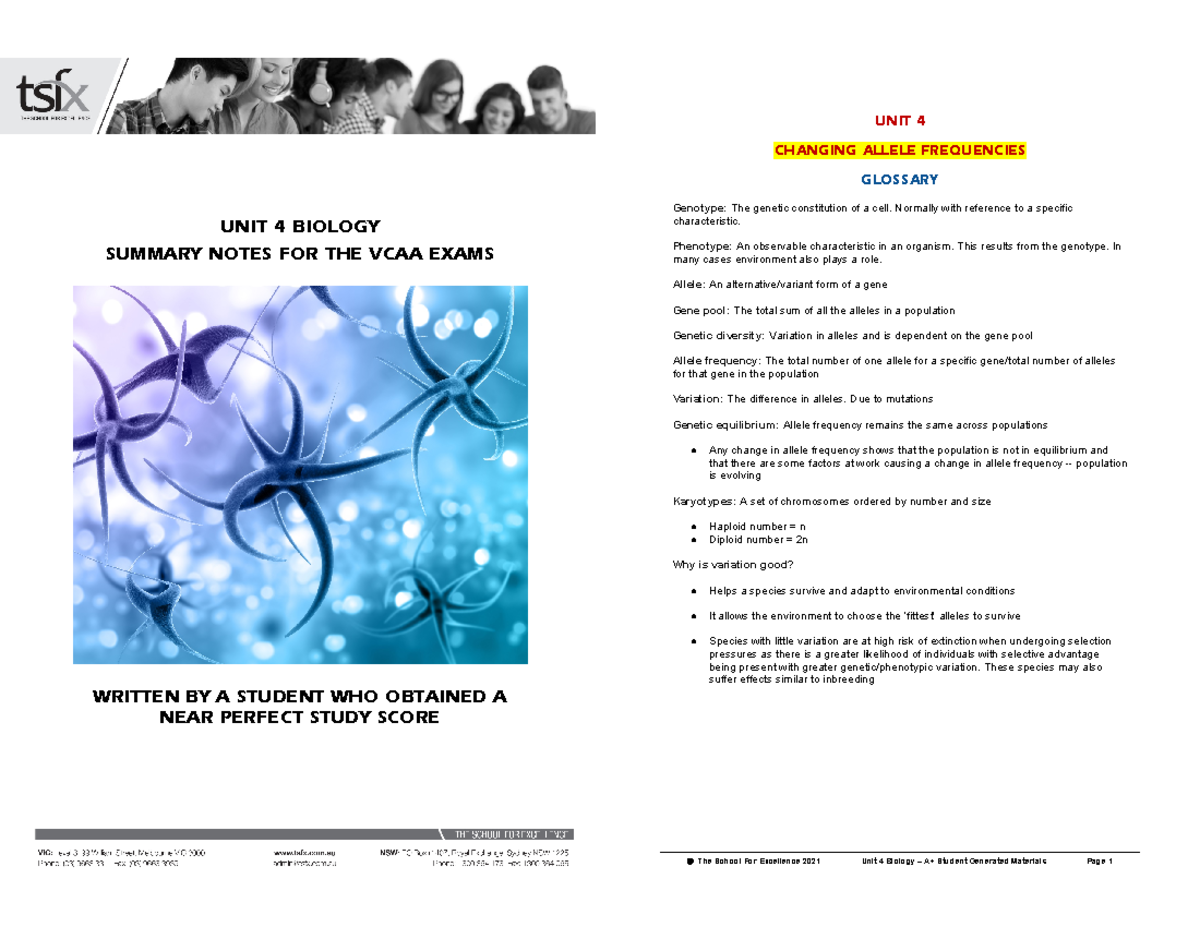TSFX Unit 4 Student Summaries - UNIT 4 BIOLOGY SUMMARY NOTES FOR THE ...