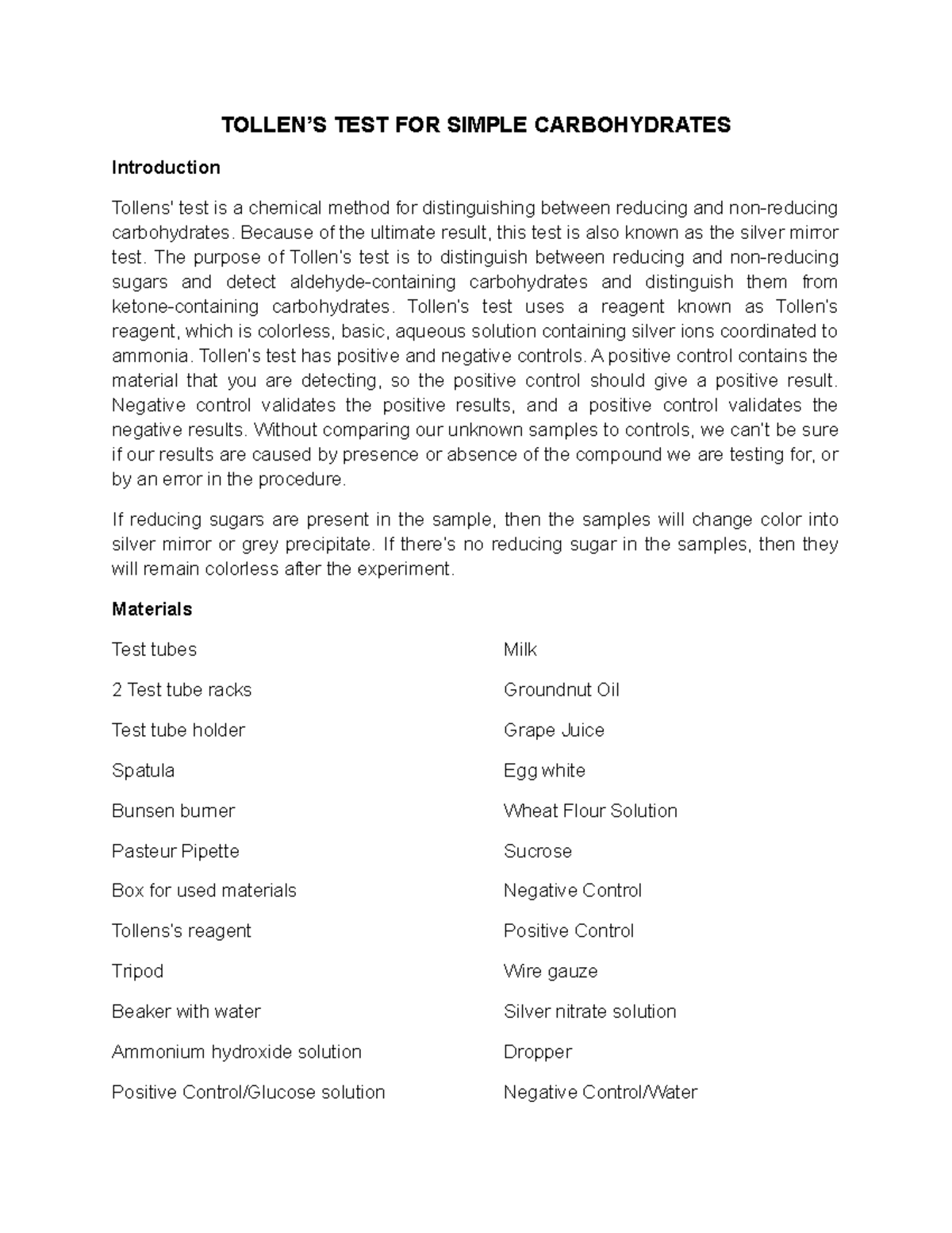 Tollen’s Test For Simple Carbohydrates - TOLLEN’S TEST FOR SIMPLE ...