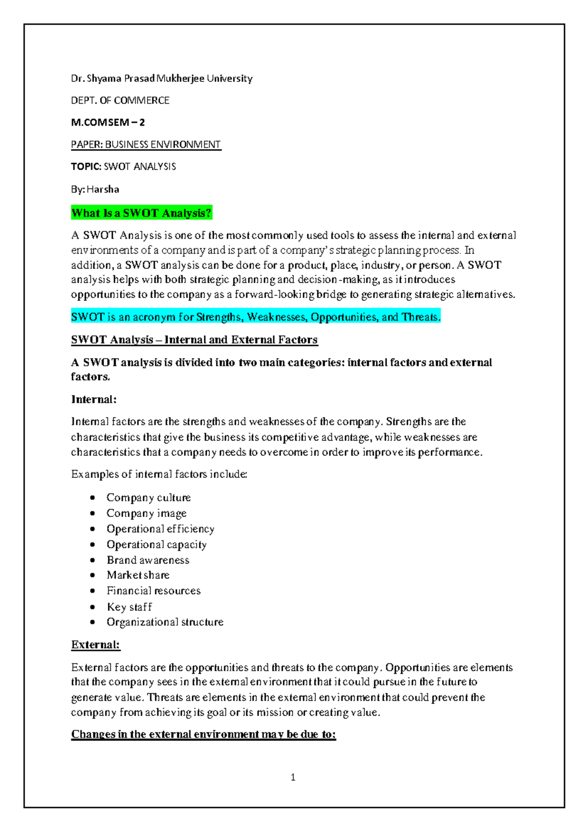 SWOT Analysis - Pang masa ng swot - Dr. Shyama Prasad Mukherjee ...