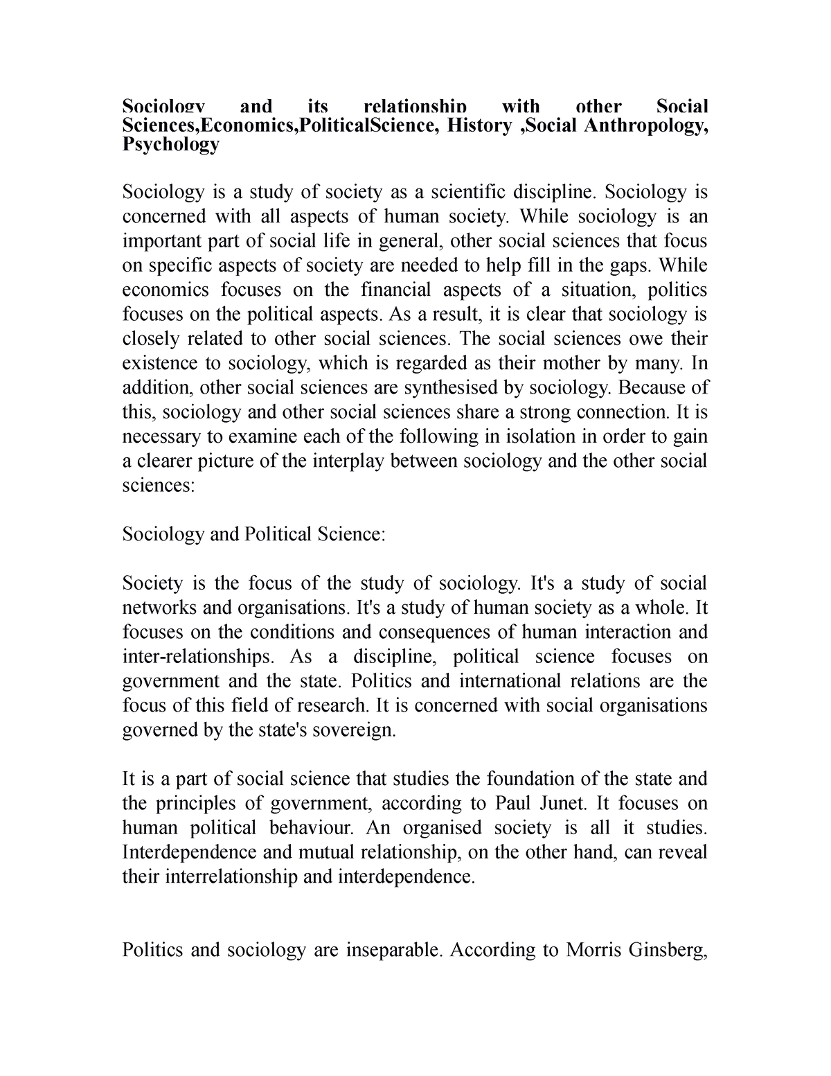 Sociology And Its Relationship With Other Social Sciences,Economics ...