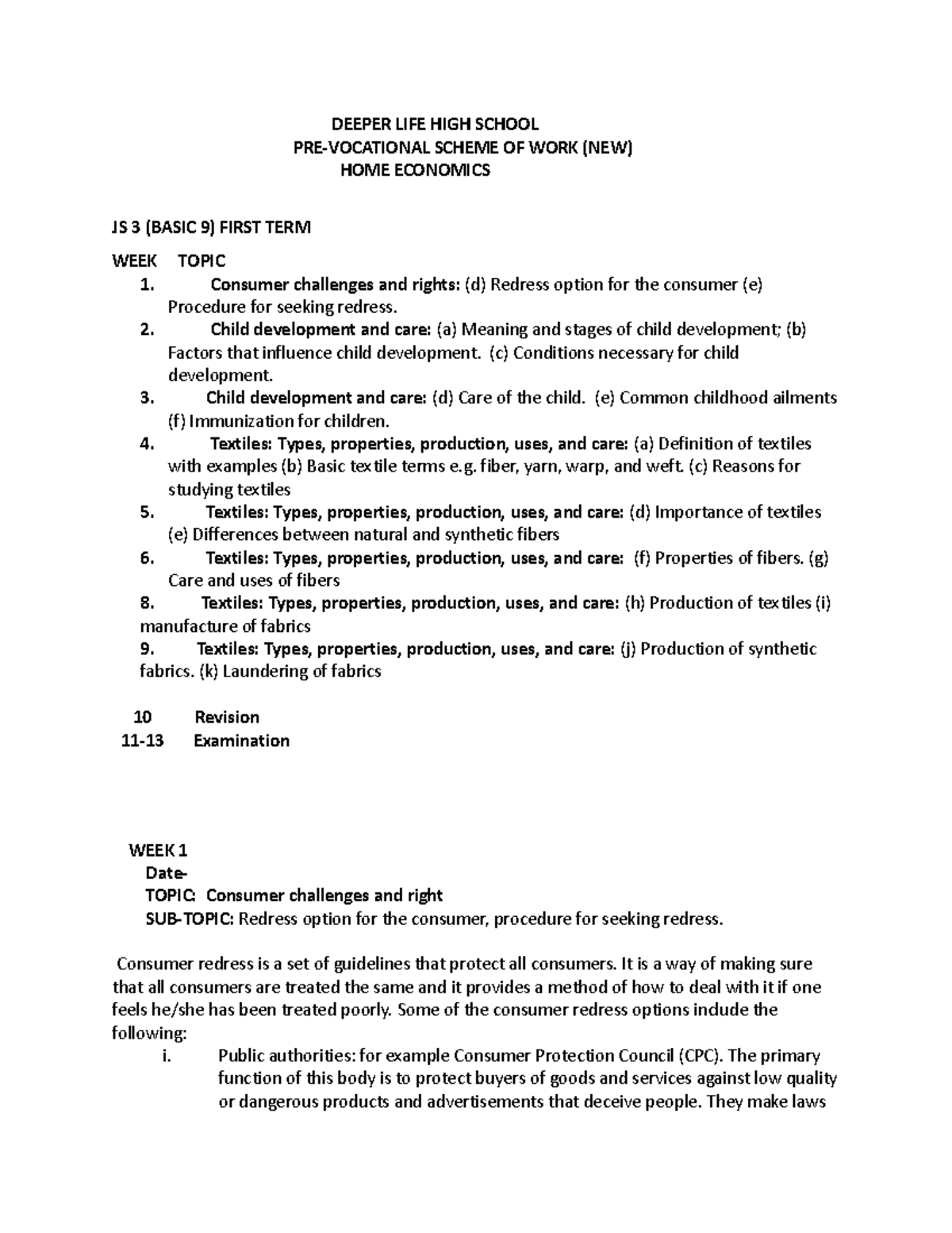 Pre-vocational scheme of work (9) 1st term - DEEPER LIFE HIGH SCHOOL ...