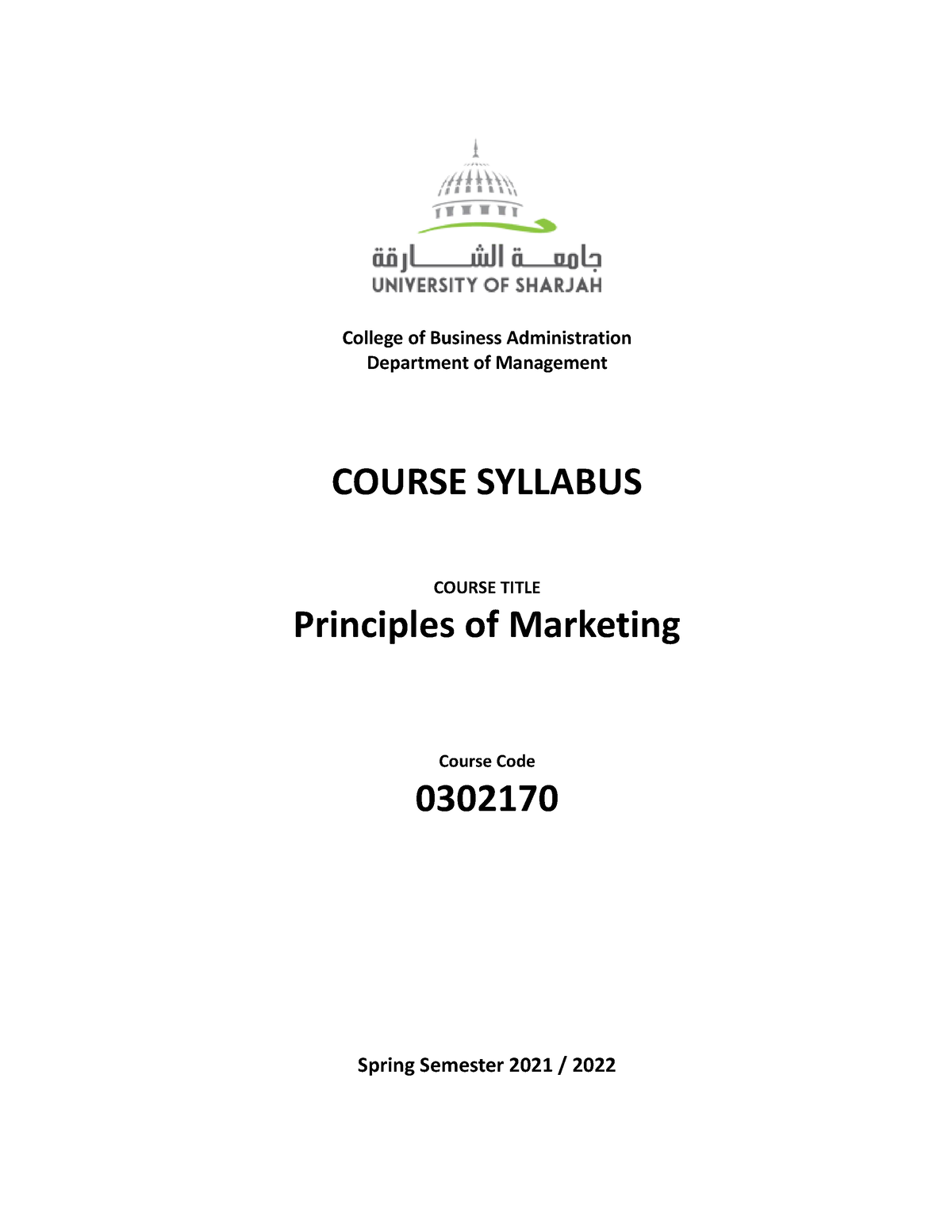 0302170 Principles Of Marketing - College Of Business Administration ...