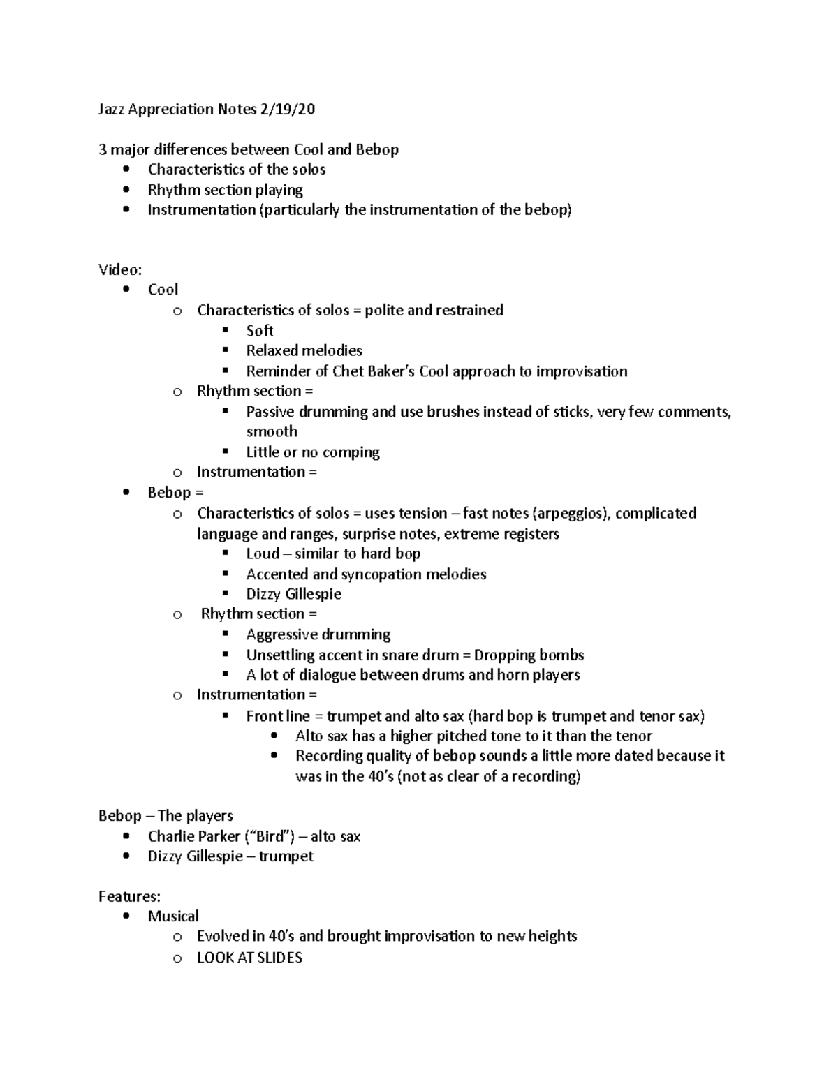 Jazz Appreciation Notes 2:19:20 - Jazz Appreciation Notes 2/19/ 3 major ...