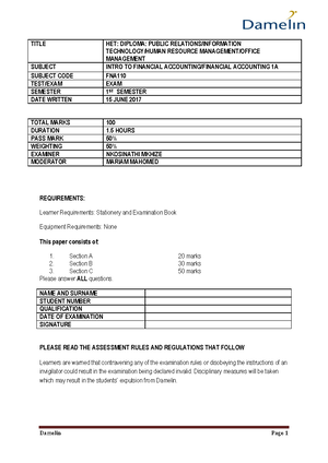 Financial Accounting 1A Exam - Module: Financial Accounting 1A (Generic ...