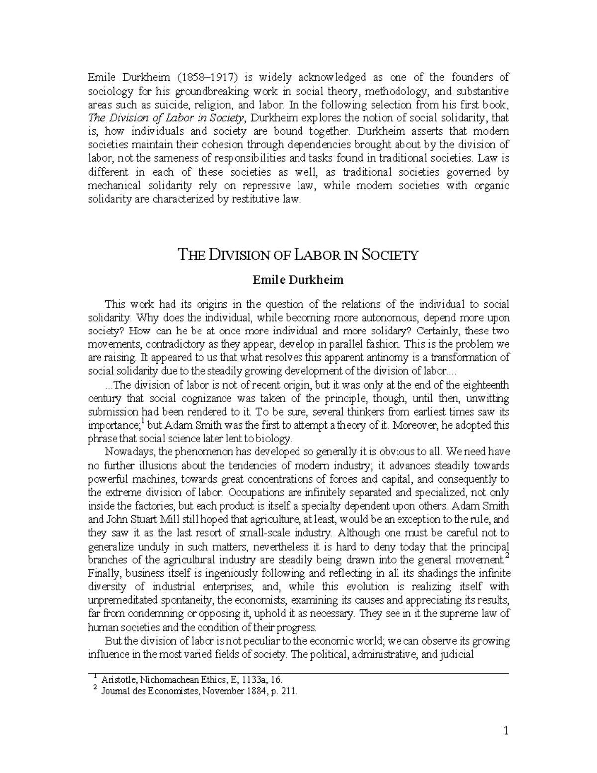 Division Of Labor Durkheim PDF - Emile Durkheim (1858–1917) Is Widely ...