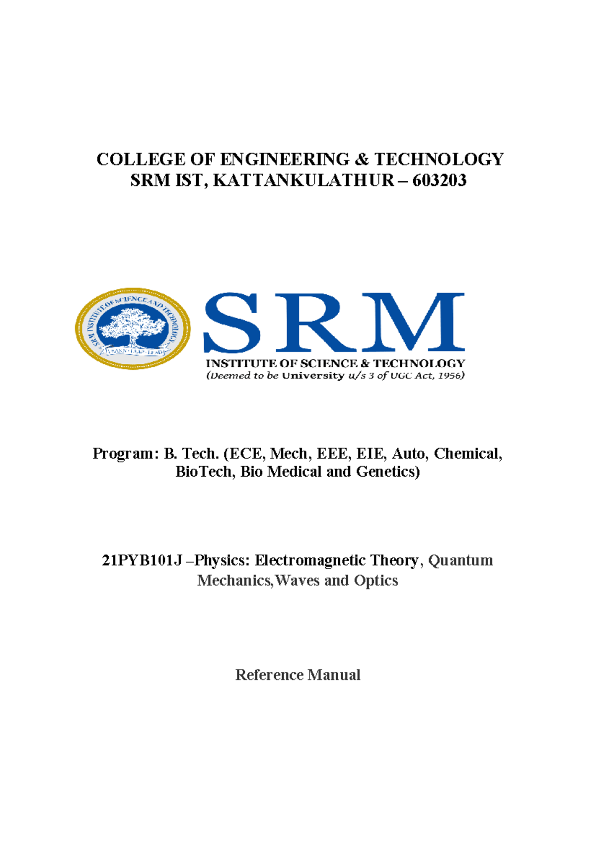 21PYB101J-Lab Manual - its good - COLLEGE OF ENGINEERING & TECHNOLOGY ...