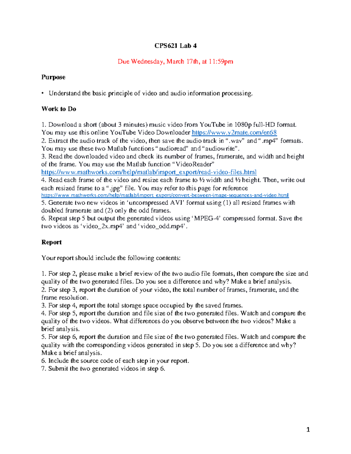 Lab4 - Summary of Lab 4 using MATLAB - 1 CPS621 Lab 4 Due Wednesday ...