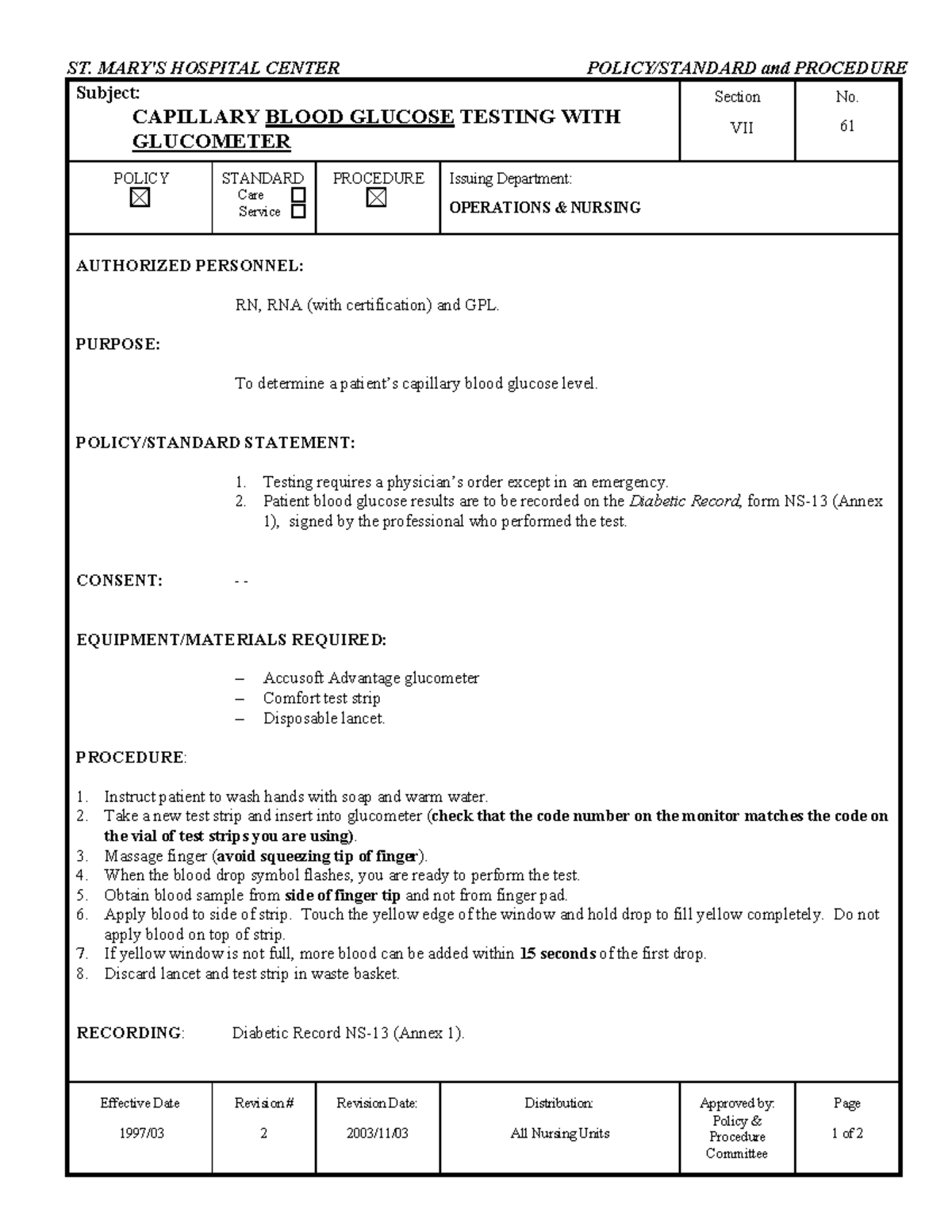 Capillary Blood Glucose Testing ST. MARY'S HOSPITAL CENTER POLICY