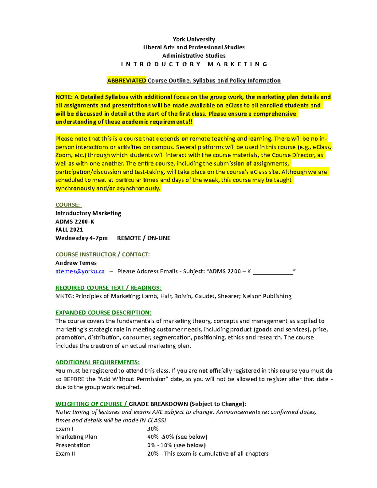 ADMS 2200 K Course Outline YORK WEB FOR Posting York University