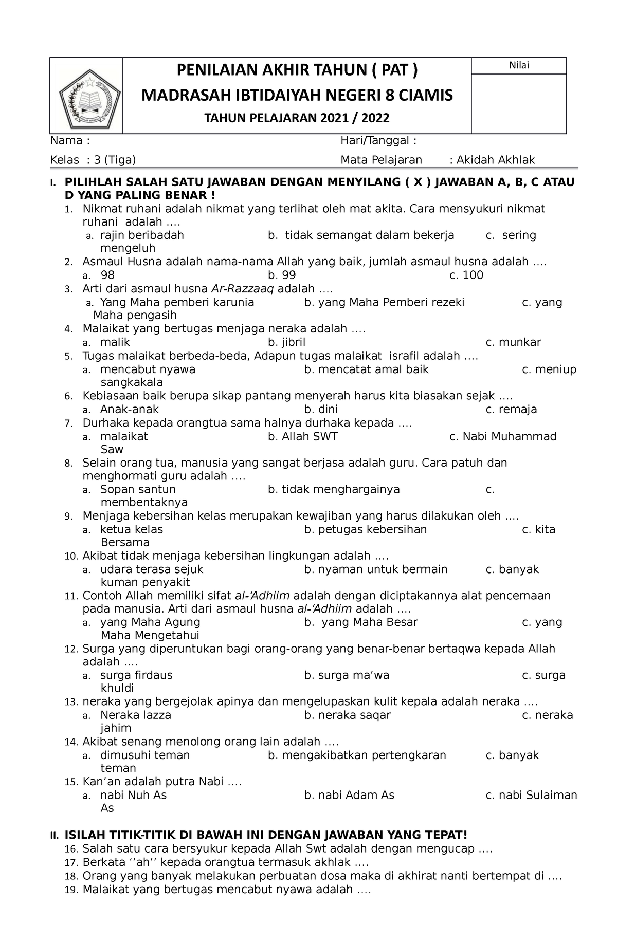 8 SOAL PAT Akidah KLS 3 2022 - Filsafat Administrasi Pendidikan - UPI ...