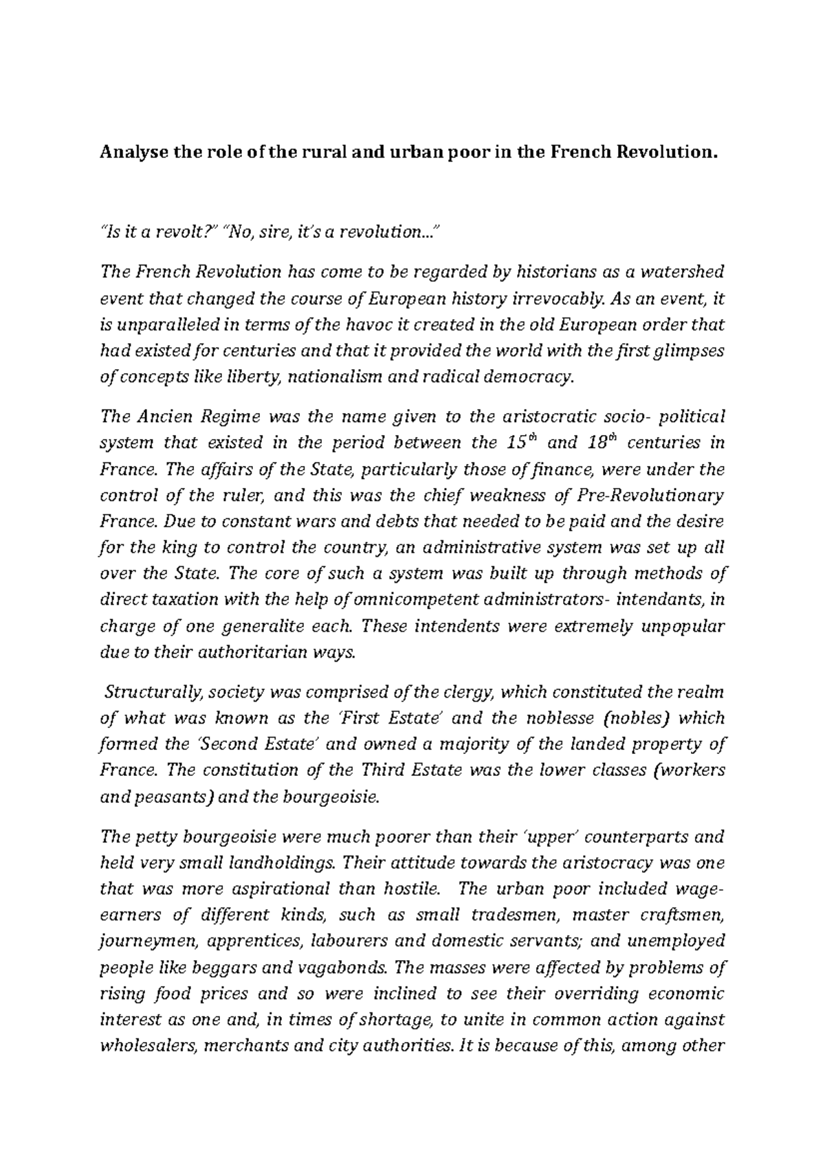 Rural and Urban Poor in French Revolution - Analyse the role of the ...