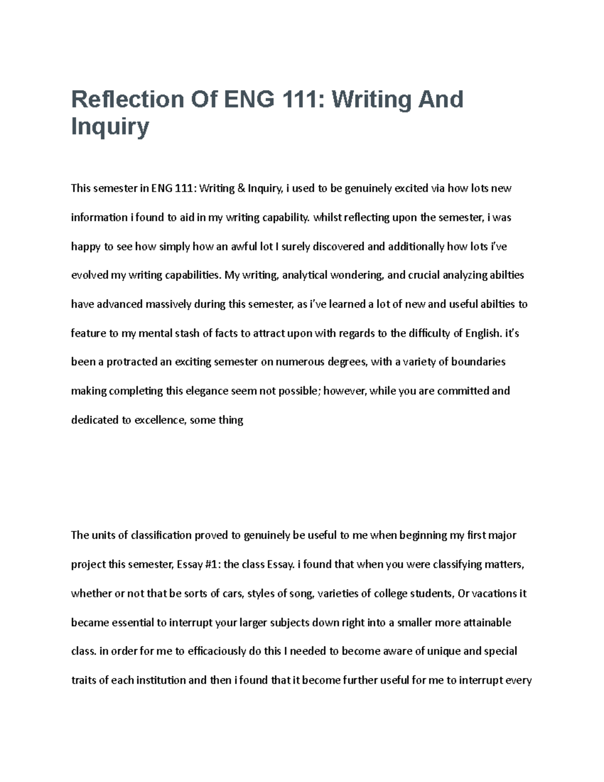 Reflection Of ENG 111 - Writing And Inquiry - Reflection Of ENG 111 ...