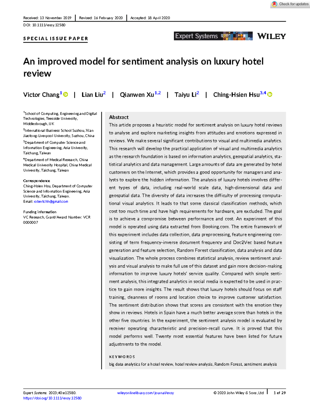 Expert Systems - 2020 - Chang - An improved model for sentiment ...