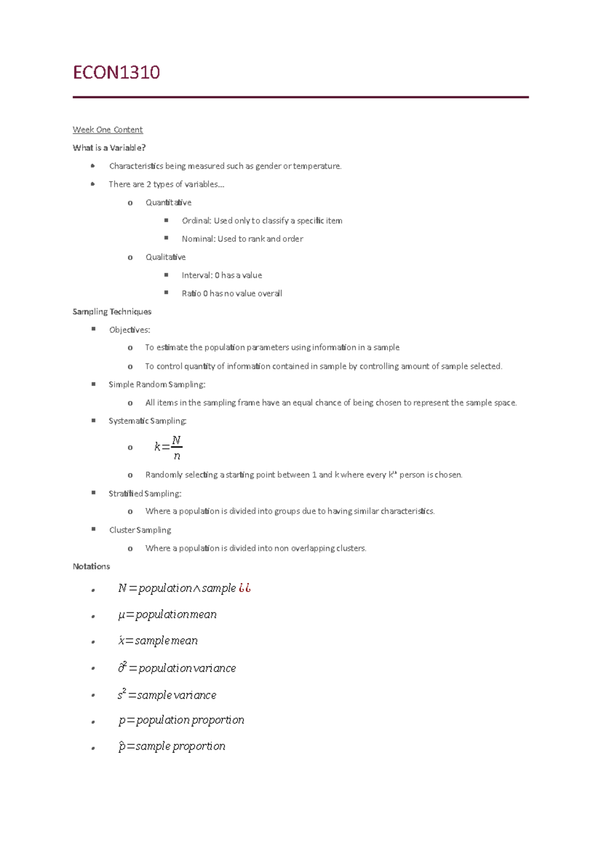 ECON1310 Notes ECON Week One Content What Is A Variable