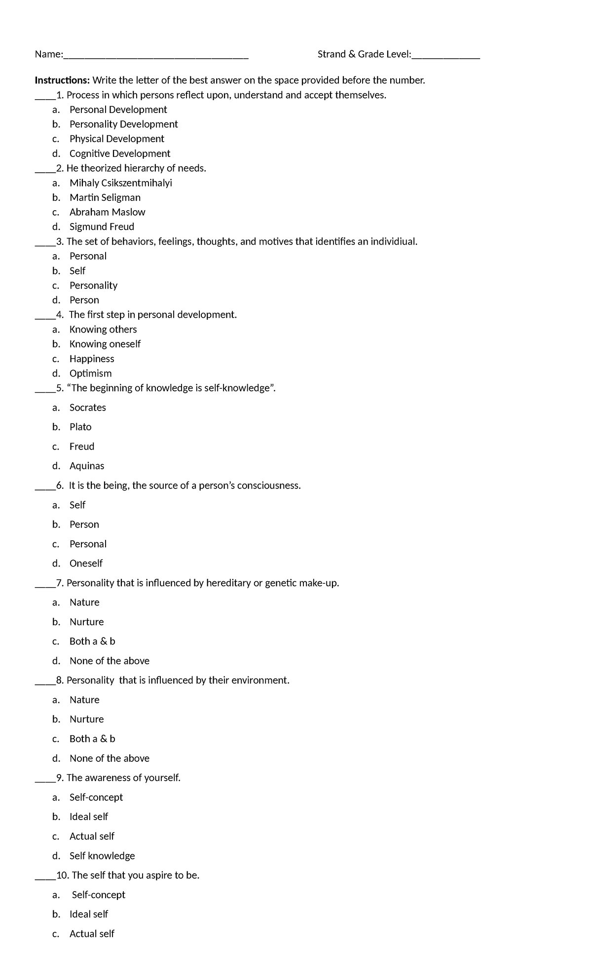 Perdev Midterm EXAM - Name:___________________________________ Strand ...