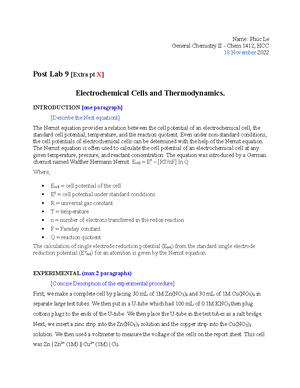 Pre Lab 7 Report CHEM 1412 - Name [your Name]: Phuc Le General ...