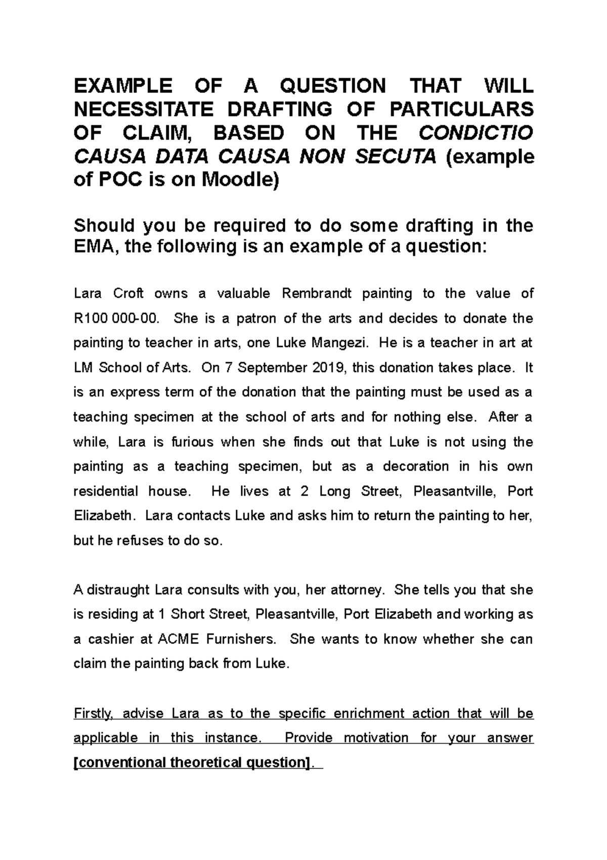 Specimen question on Particulars Of Claim drafting EXAMPLE OF A