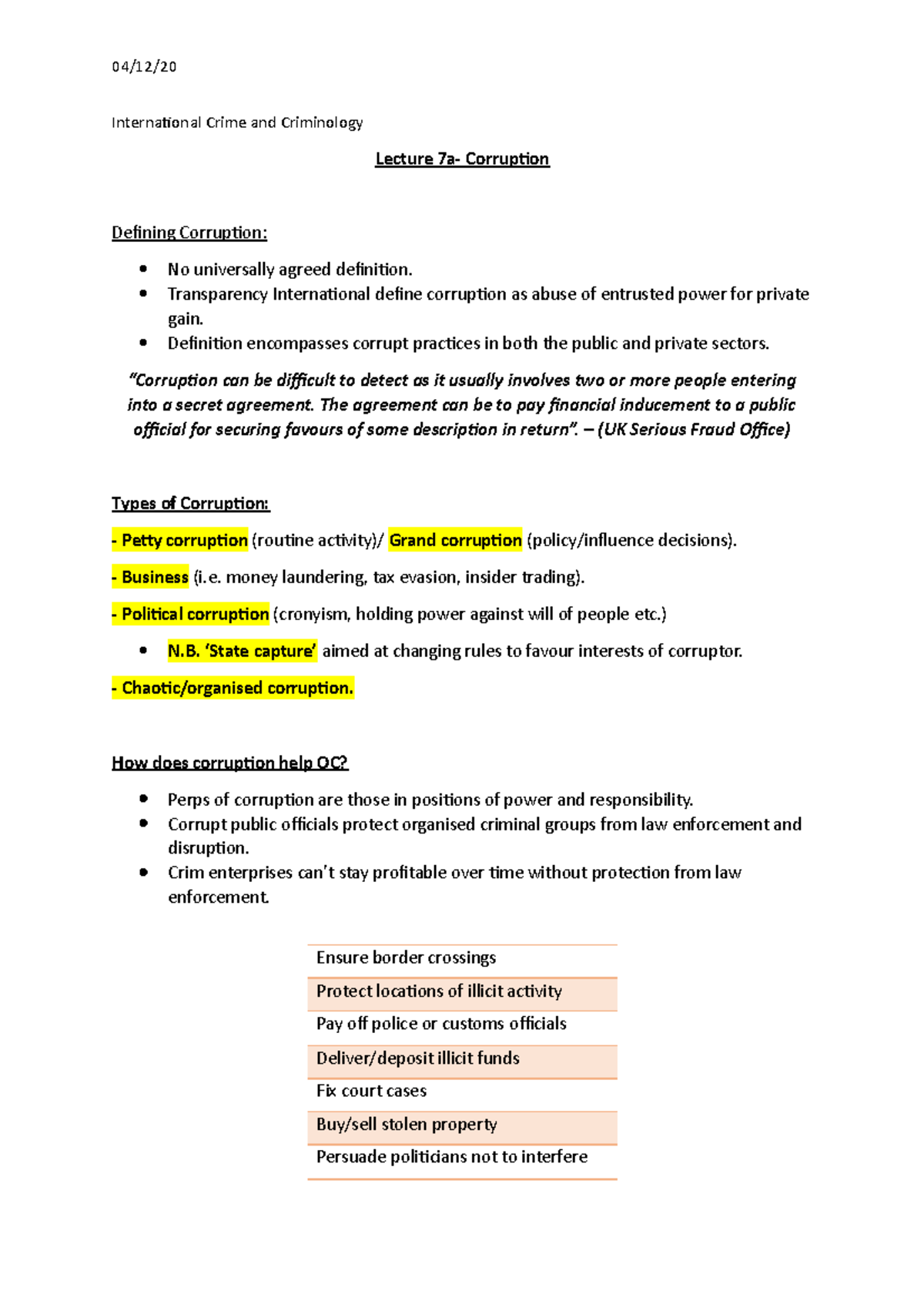 Lecture 7a- Corruption - 04/12/ International Crime and Criminology ...