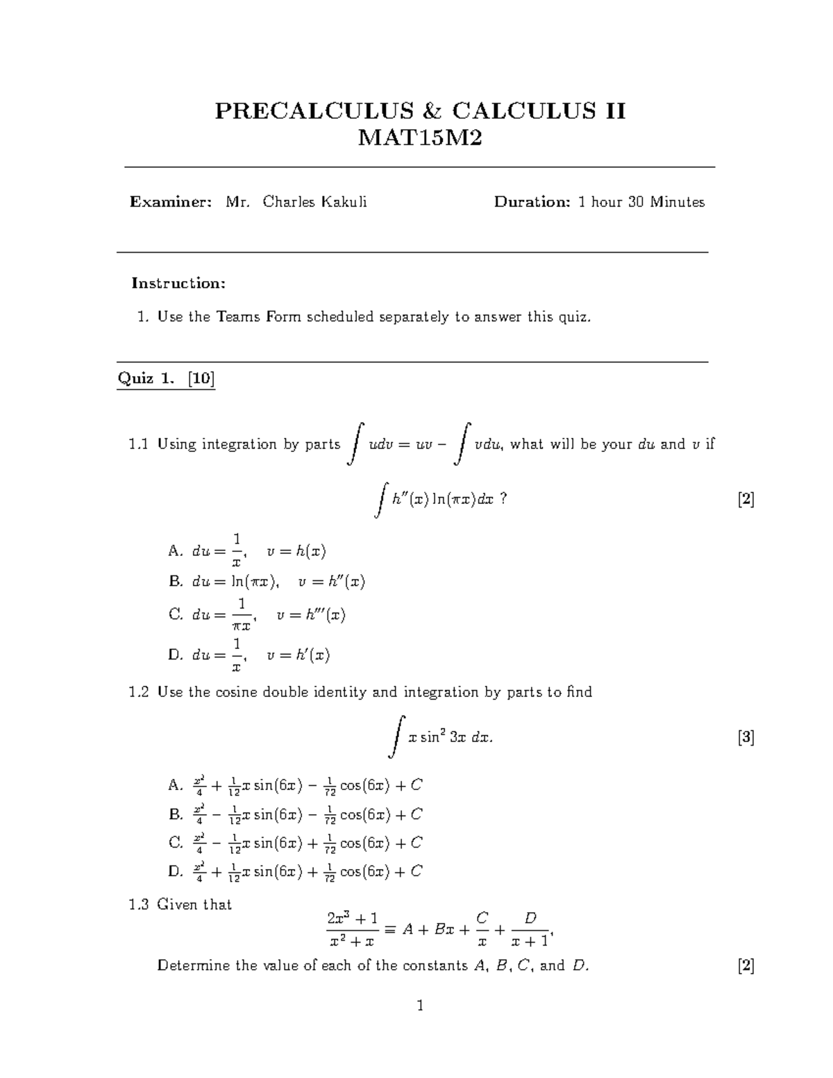 Quiz 1 - Get To Practice Calculus - PRECALCULUS & CALCULUS II MAT15M ...