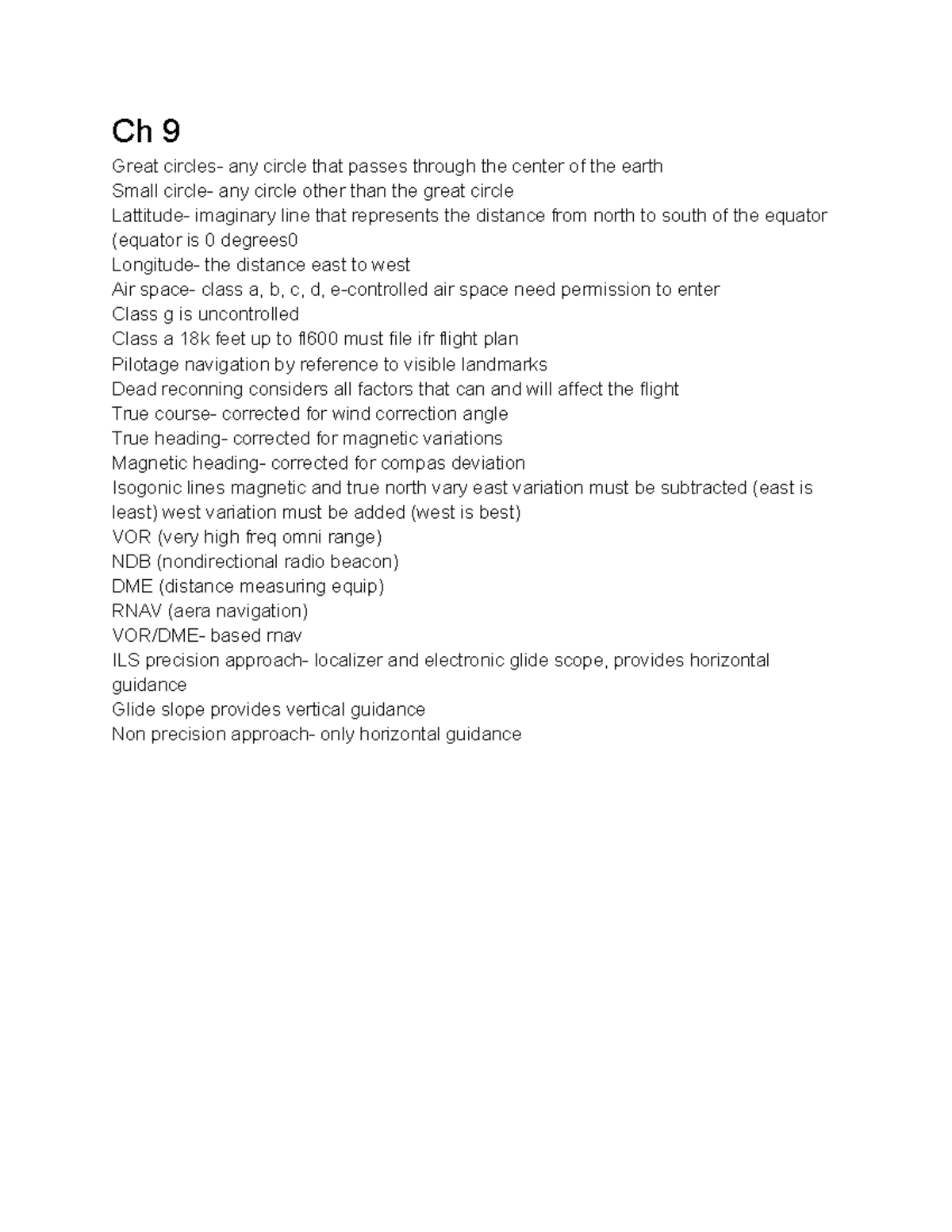 Aero notes chapter 9 - Air space - Ch 9 Great circles- any circle that ...