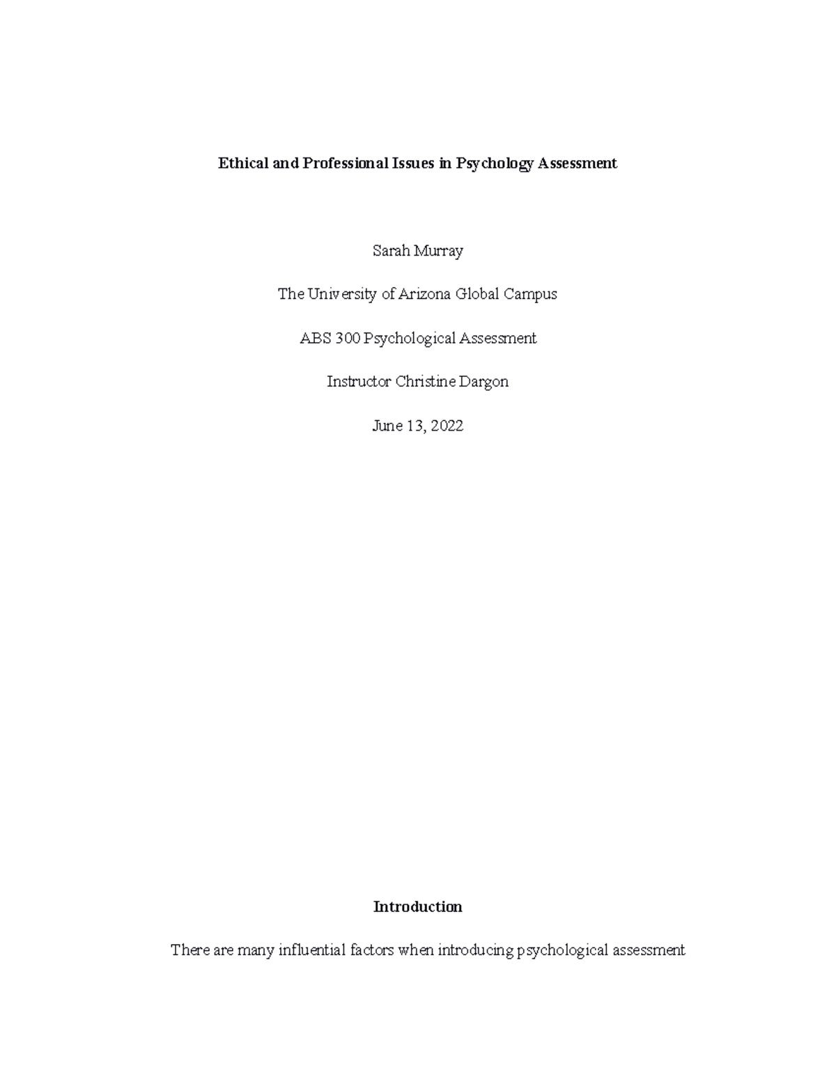 Ethical And Professional Issues In Psychology Assessment WEEK 1 Assign