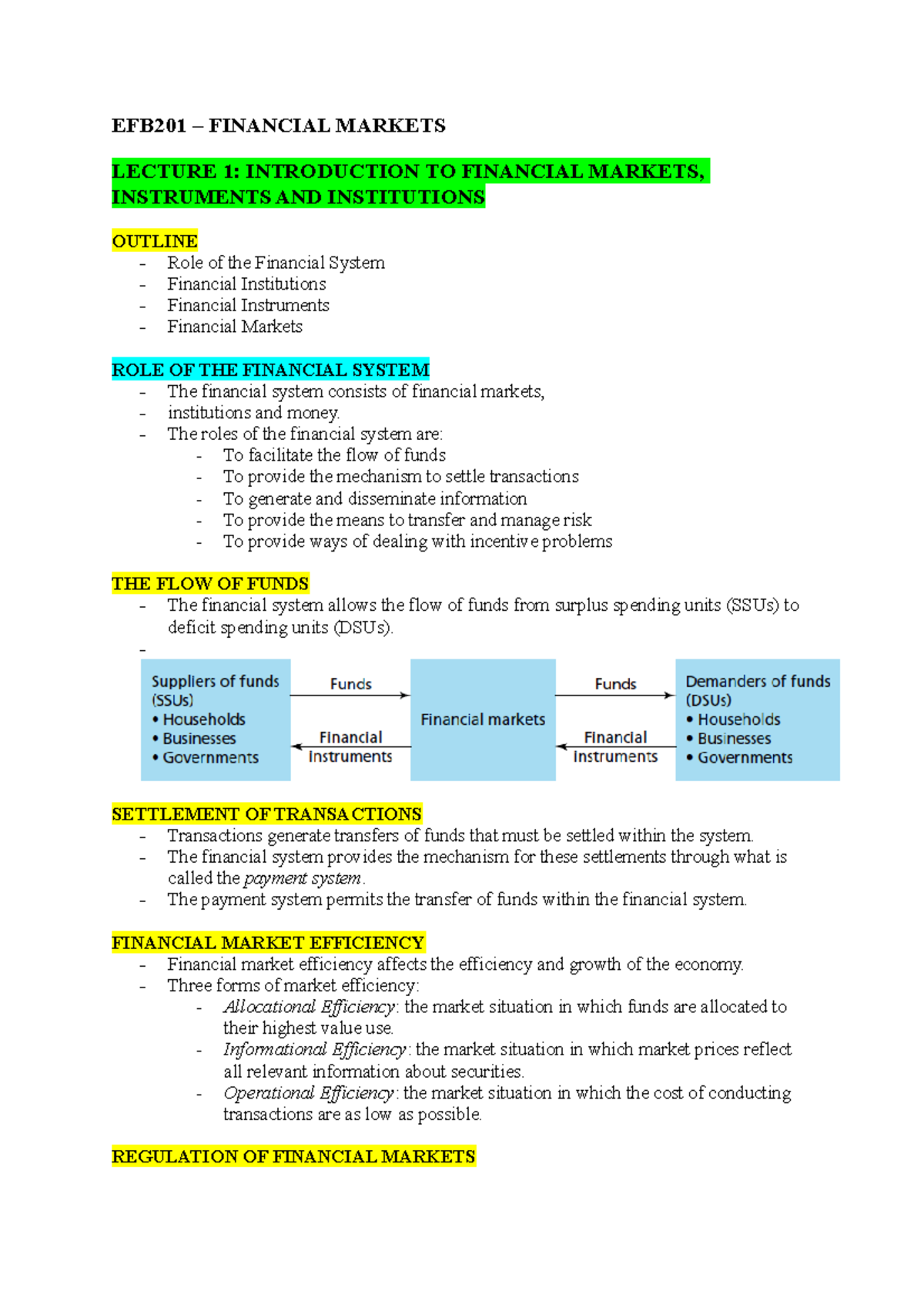 Notes - EFB201 – FINANCIAL MARKETS LECTURE 1: INTRODUCTION TO FINANCIAL ...