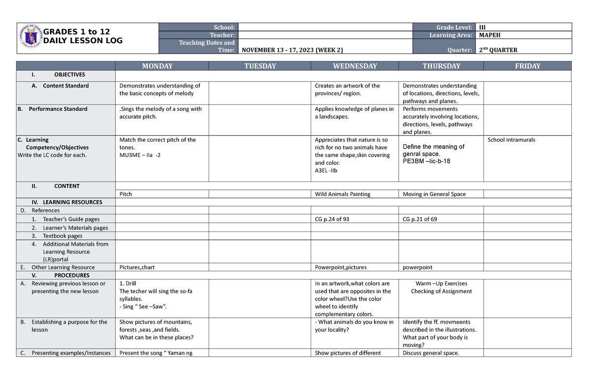 DLL Mapeh 3 Q2 W2 - DLL GRADE 3 - GRADES 1 to 12 DAILY LESSON LOG ...